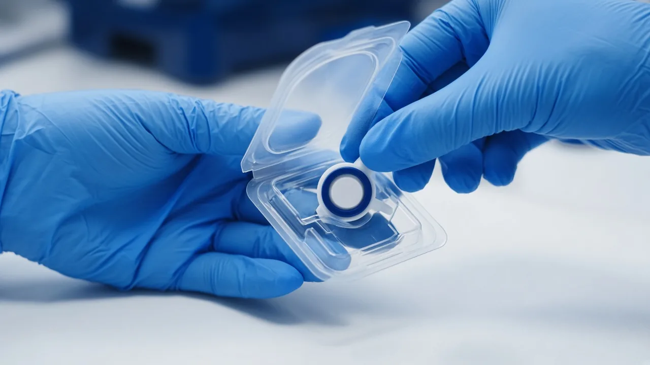 Illustrative close-up of blue-gloved hands opening a clear package containing a syringe filter