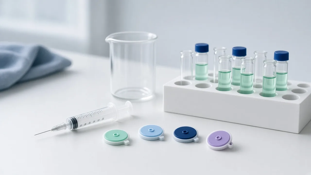Illustrative sample-preparation bench with coloured filters, a syringe, beaker and vial rack