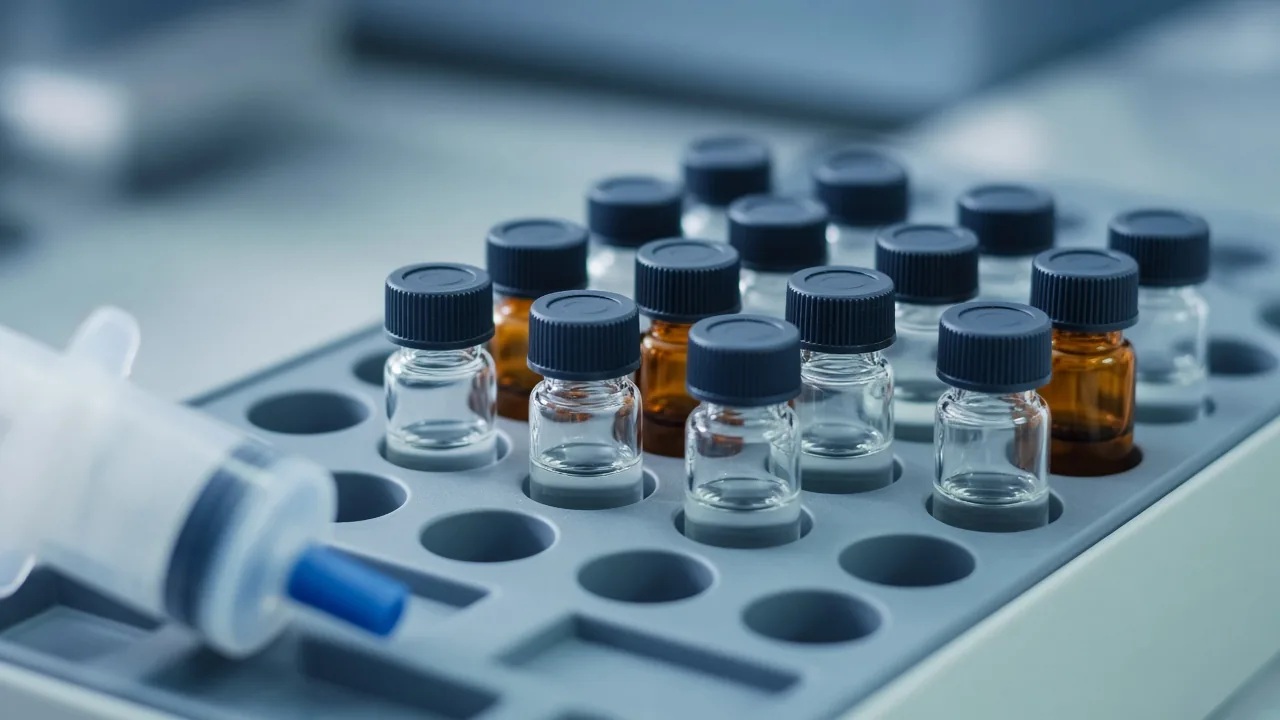 Illustrative close-up of clear and amber sample vials in a rack beside a syringe filter